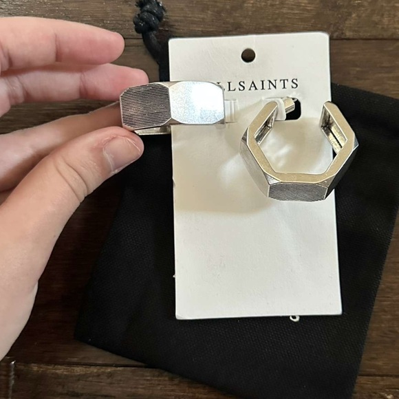 ALLSAINTS-Alex Chunky Hexagon Hoop Earrings-Silver-NWT - Picture 7 of 11